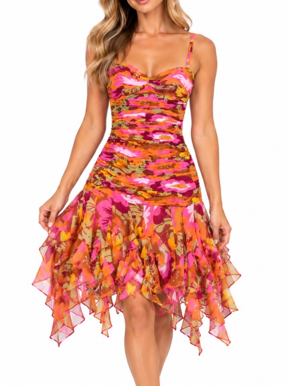 Sue Wong vintage 100% silk Vibrant Pink/Orange Floral Ruffled dress fairycore 0